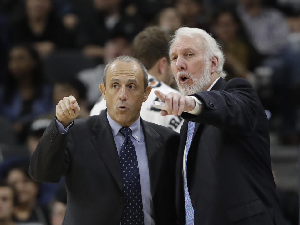 After a legendary coaching career in Europe, Ettore Messina (left) has become Gregg Popovich’s lead assistant and one of his most trusted lieutenants on the Spurs’ bench. (AP)