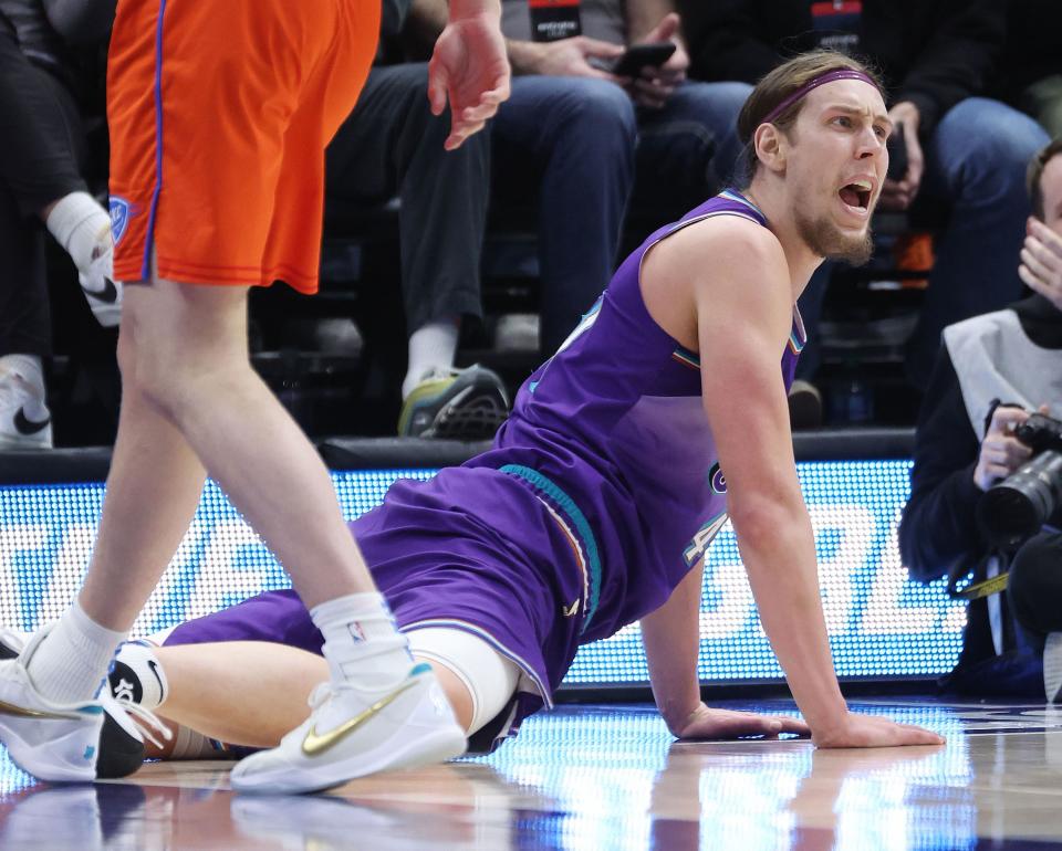 Utah Jazz forward Kelly Olynyk yells for a foul after getting knocked down in Salt Lake City on Thursday, April 6, 2023. | Jeffrey D. Allred, Deseret News