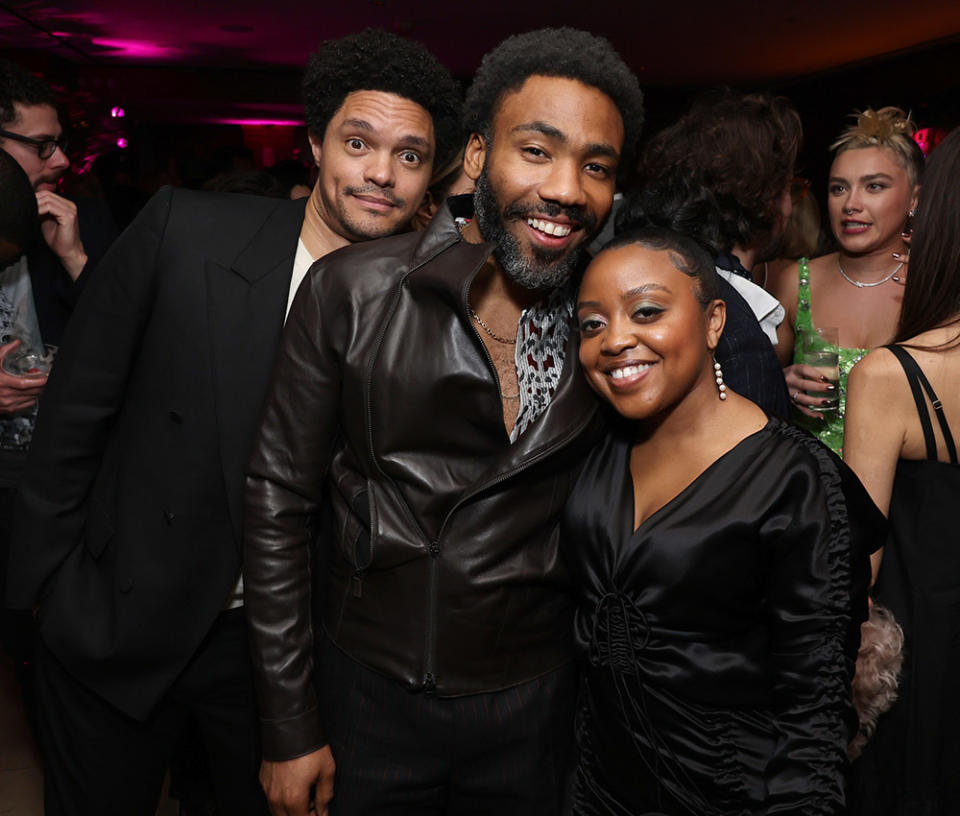 (L-R) Trevor Noah, Donald Glover, and Quinta Brunson attend the The CAA Pre-Oscar Party at Sunset Tower Hotel on March 10, 2023 in Los Angeles, California.