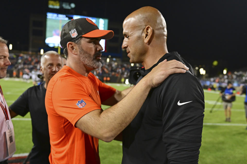 Cleveland Browns coach Kevin Stefanski, left, and New York Jets head coach Robert Saleh meet on the field after the Hall of Fame NFL football preseason game Thursday, Aug. 3, 2023, in Canton, Ohio. The Browns won 21-16. (AP Photo/David Dermer)