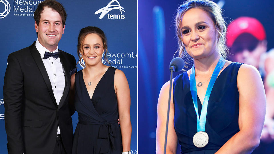 Ash Barty, pictured here with partner Garry Kissick at the 2019 Newcombe Medal.