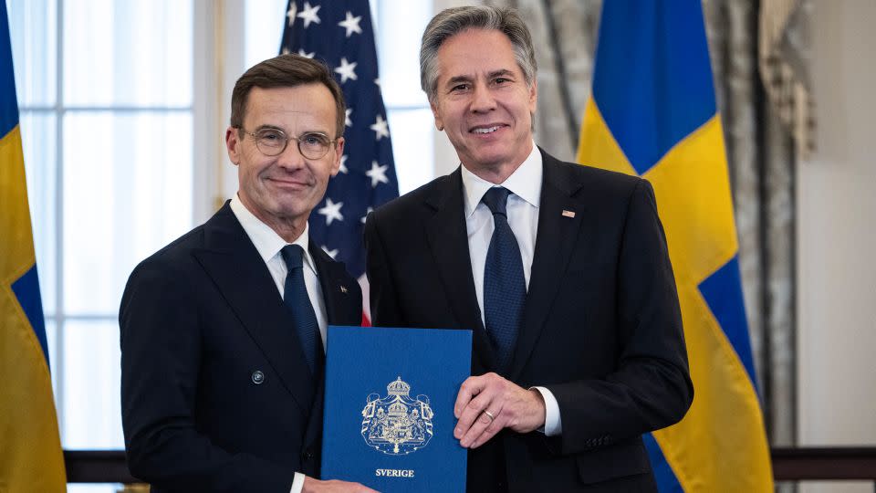 US Secretary of State Antony Blinken receives the NATO ratification documents from Swedish Prime Minister Ulf Kristersson during a ceremony at the US State Department on March 7, 2024. - Andrew Caballero-Reynolds/AFP/Getty Images