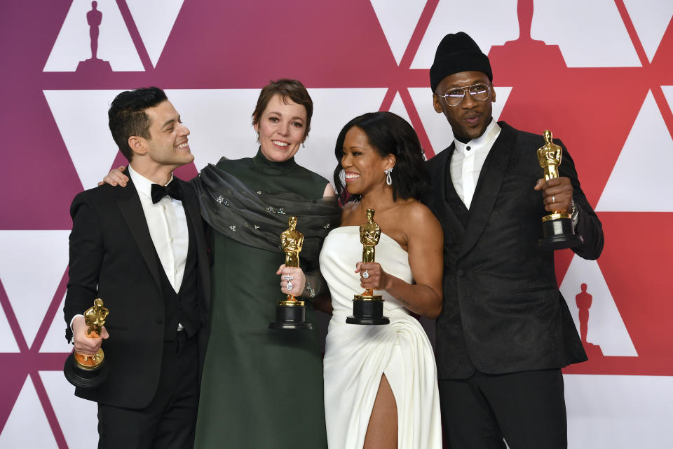 Rami Malek, from left, winner of the award for best performance by an actor in a leading role for "Bohemian Rhapsody", Olivia Colman, winner of the award for best performance by an actress in a leading role for "The Favourite", Regina King, winner of the award for best performance by an actress in a supporting role for "If Beale Street Could Talk", and Mahershala Ali, winner of the award for best performance by an actor in a supporting role for "Green Book", pose in the press room at the Oscars on Sunday, Feb. 24, 2019, at the Dolby Theatre in Los Angeles. (Photo by Jordan Strauss/Invision/AP)