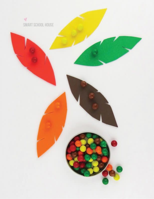 <p>Smart Schoolhouse</p><p>Youngsters will enjoy this game from <a href="https://www.smartschoolhouse.com/diy-crafts/thanksgiving-color-sorting-for-kids/2" rel="nofollow noopener" target="_blank" data-ylk="slk:Smart Schoolhouse;elm:context_link;itc:0;sec:content-canvas" class="link rapid-noclick-resp"><em>Smart Schoolhouse</em></a> where they have to sort all the colored candy to its matching leaf. They’ll also like that they can eat the game pieces!</p>