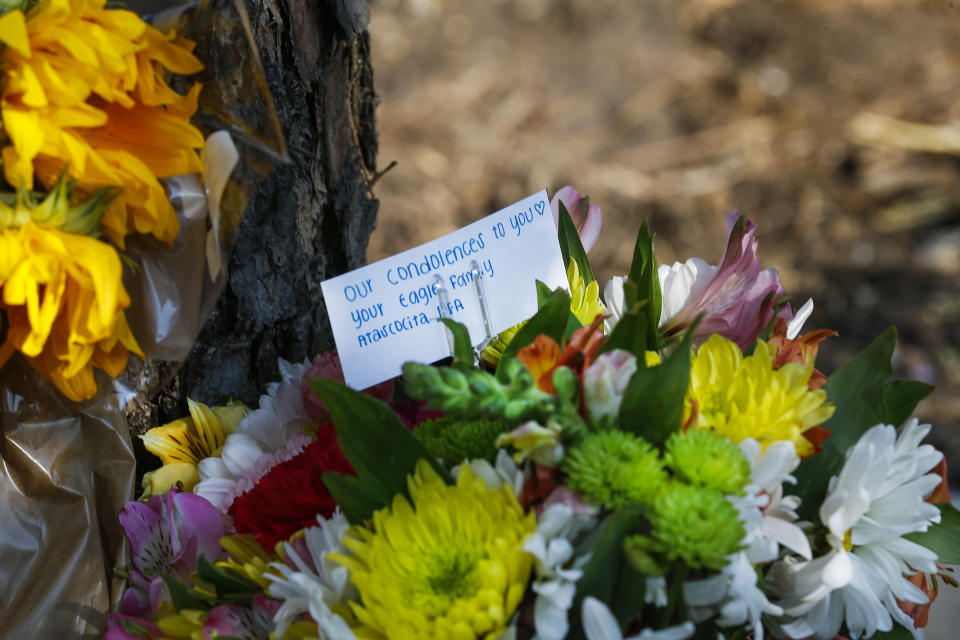 Flowers placed by Hannah, a friend of Salma Gomez and Chloe Robison who asked to only go by her first name, rest in a small memorial near the site of a fatal car crash that killed the two teens, Wednesday, July 25, 2018, in Atascocita, Texas. Authorities in Texas say a teen driver will face criminal charges after a violent crash that split his vehicle in half and killed two 16-year-old passengers. (Steve Gonzales/Houston Chronicle via AP)