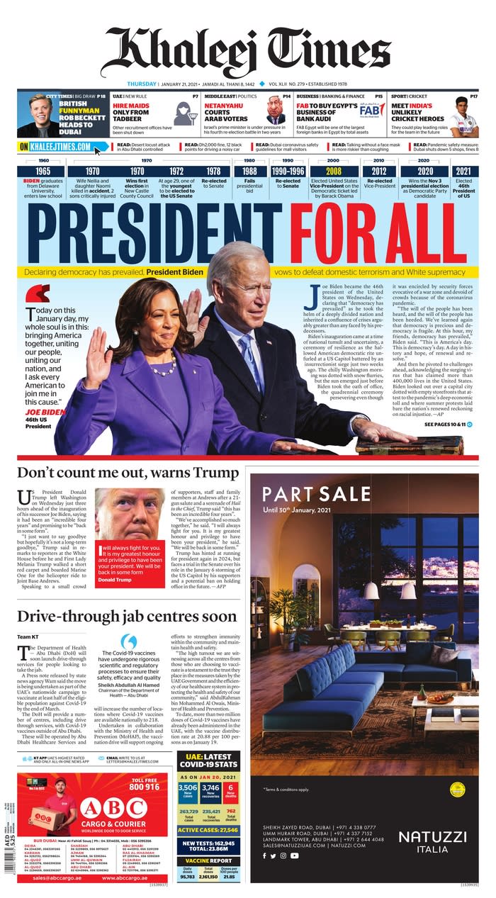 January 21, 2021 front page of Khaleej Times