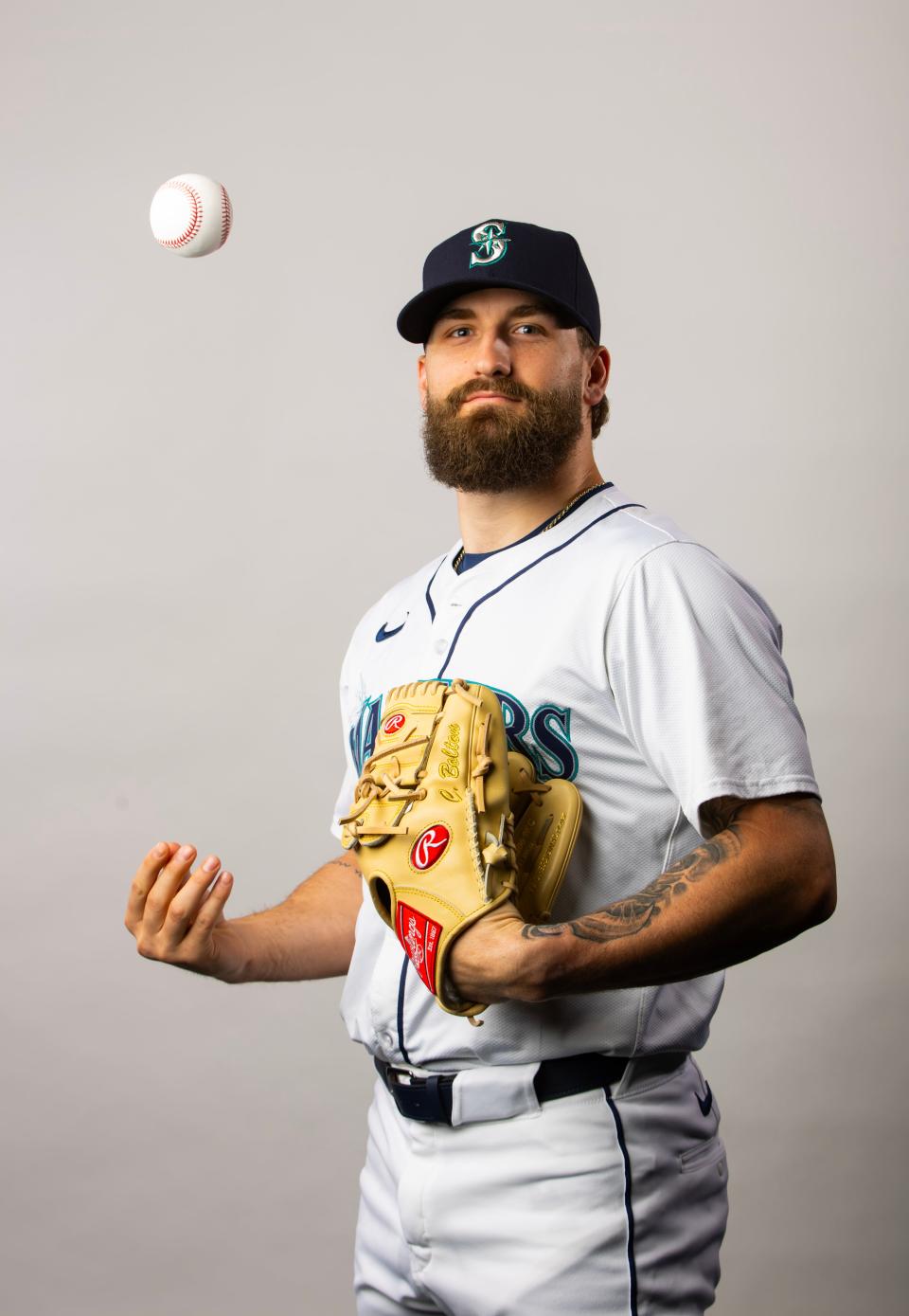 Seattle Mariners pitcher Ty Adcock poses for a portrait during photo day at Peoria Sports Complex on Feb. 23, 2024.