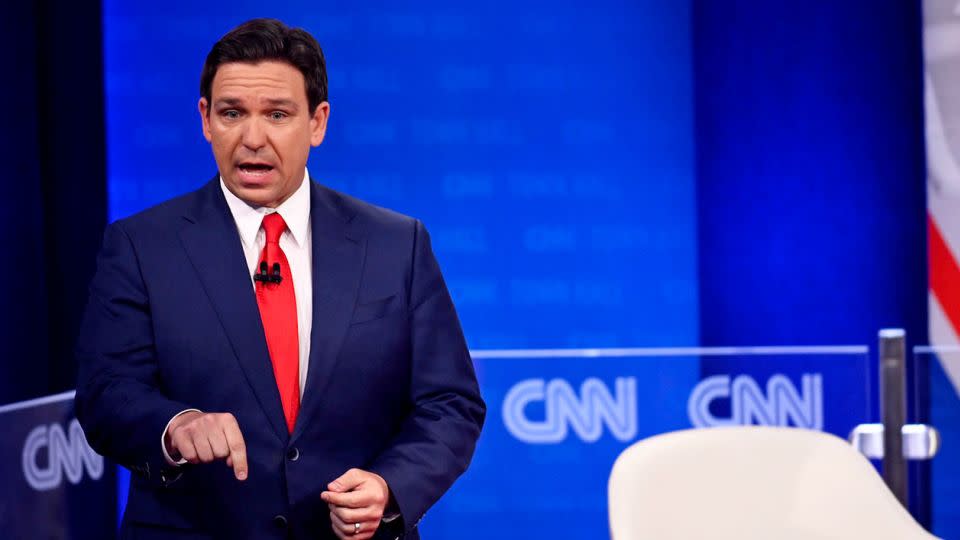 Florida Gov. Ron DeSantis participates in a CNN town hall in Des Moines, Iowa, on December 12, 2023. - Will Lanzoni/CNN