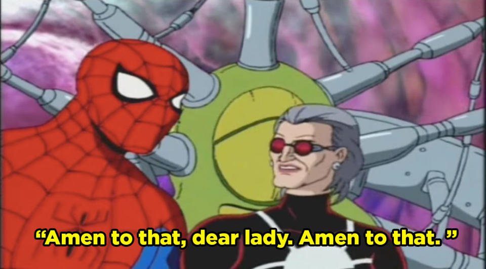 Standing next to Madame Web, Spider-Man says, "Amen to that, dear lady. Amen to that"