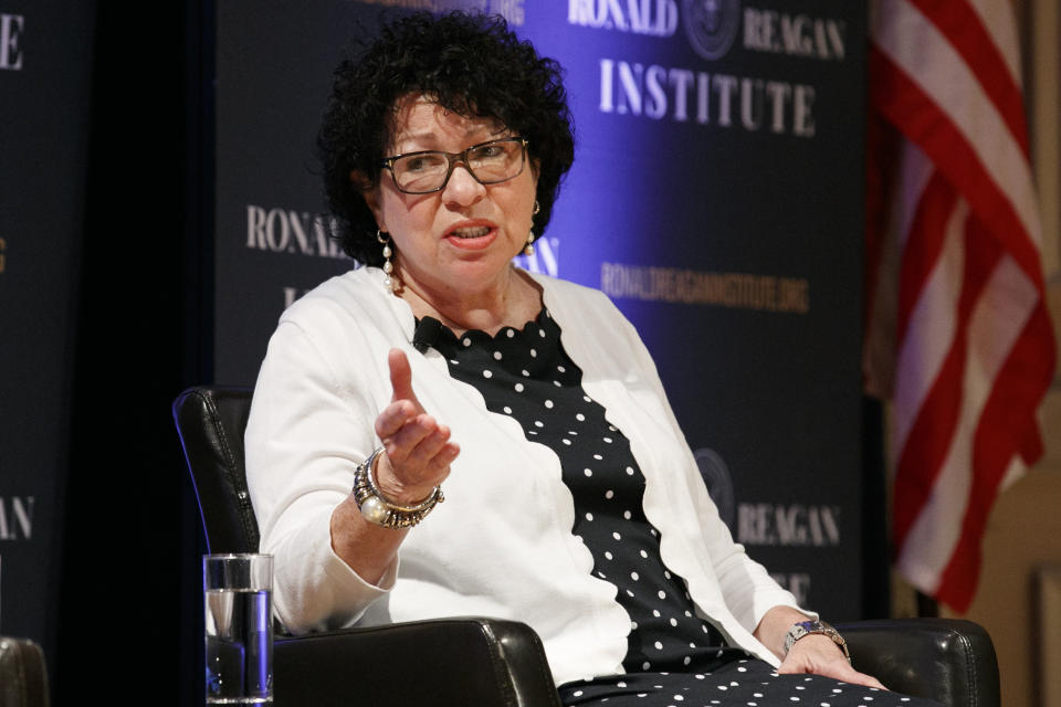 FILE - In this Sept. 25, 2019, file photo Supreme Court Justice Sonia Sotomayor speaks during a panel discussion celebrating Sandra Day O'Connor, the first woman to be a Supreme Court Justice at the Library of Congress in Washington. Acknowledging the limits of her own influence on the law as a member of the Supreme Court's liberal minority, Sotomayor on Wednesday, Sept. 29, 2021, encouraged citizens to work to change laws they may disagree with, like a recent Texas law that limits access to abortions. (AP Photo/Jacquelyn Martin, File)