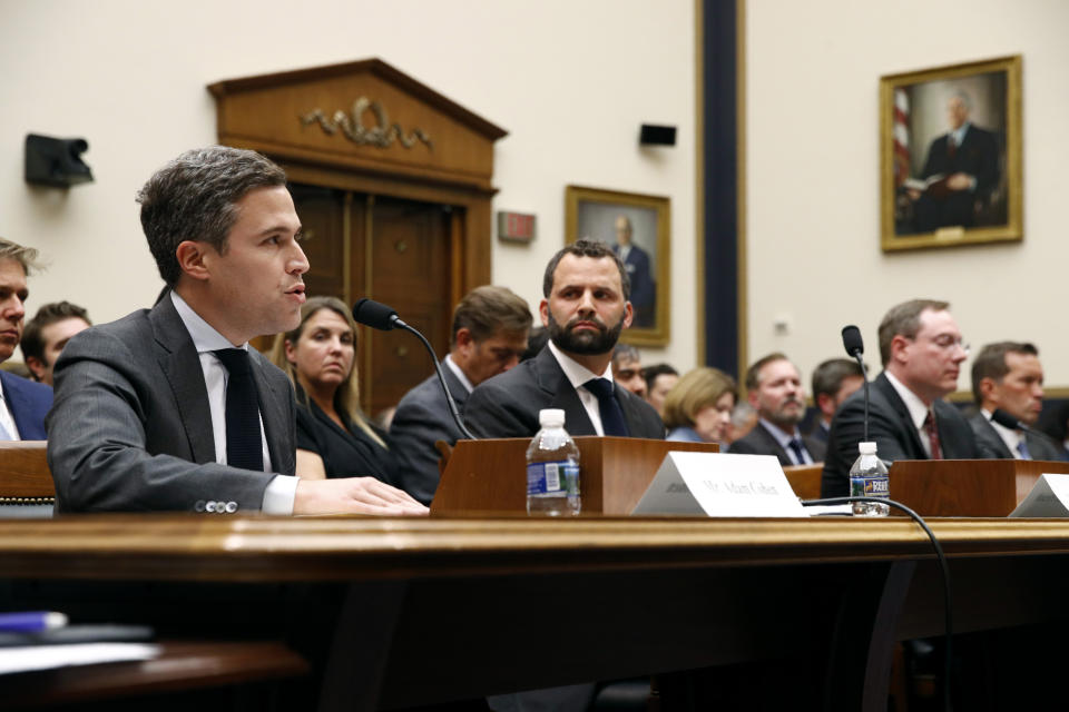 Google Director of Economic Policy Adam Cohen, left, testifies alongside Facebook Head of Global Policy Development Matt Perault, second from left, Amazon Associate General Counsel Nate Sutton and Apple Vice President for Corporate Law and Chief Compliance Officer Kyle Andeer during a House Judiciary subcommittee hearing, Tuesday, July 16, 2019, on Capitol Hill in Washington. (AP Photo/Patrick Semansky)