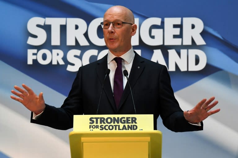 John Swinney habla en la Universidad de Glasgow durante su discurso de aceptación del cargo de líder del SNP, el 6 de mayo de 2024 en la ciudad escocesa (Andy Buchanan)
