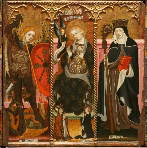 The pregnant Virgin Mary flanked by St Michael the Archangel and St Clare - Museu Episcopal de Vic