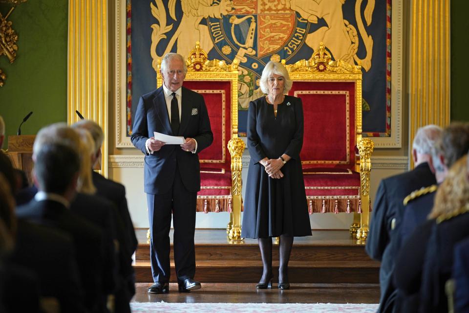 King Charles III, with the Queen Consort, speaking after receiving a message of condolence by Alex Maskey, the Speaker of the Northern Ireland Assembly, at Hillsborough Castle, Co Down (PA Wire)