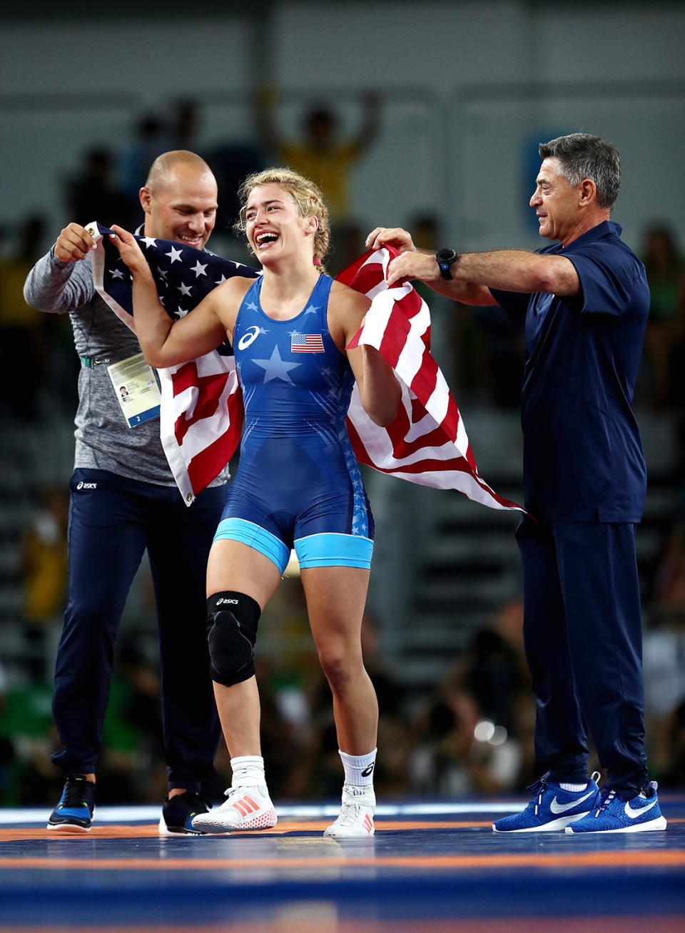 <p>Girls wear singlets, too. Helen Maroulis won gold in wrestling, the first time an American woman has done so. What's better than winning gold? Beating a three-time Olympic gold medalist and the most decorated female in the history of women's wrestling. This was Maroulis' first Olympics. (Photo by Julian Finney/Getty Images) </p>
