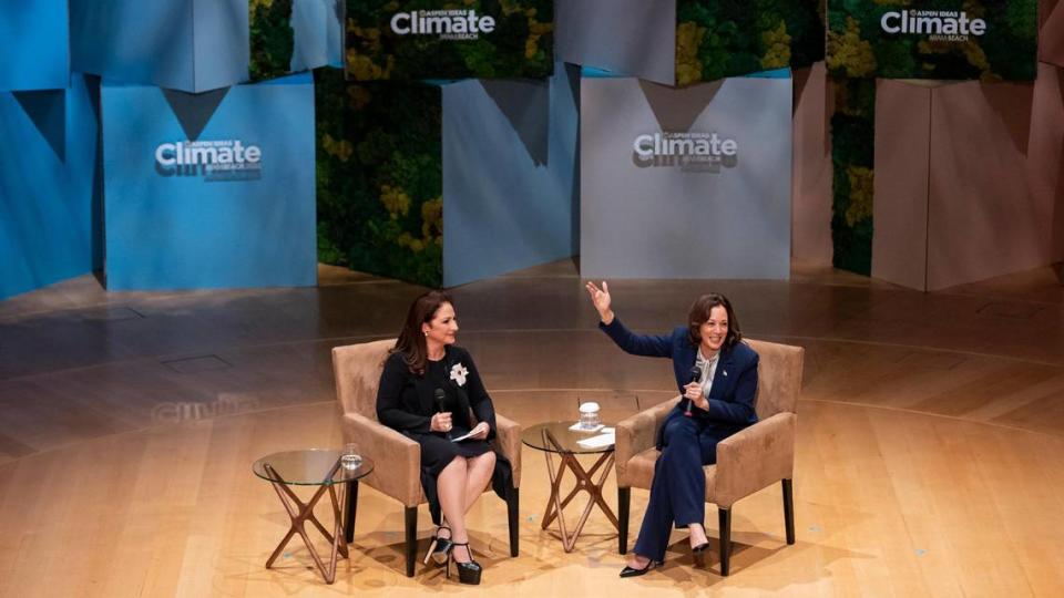 Vice President Kamala Harris, right, speaks with Gloria Estefan during the Aspen Ideas: Climate conference at the New World Center on Wednesday, March 8, 2023, in Miami Beach, Fla.