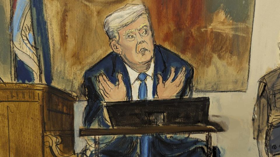 In this courtroom sketch, former President Donald Trump testifies on the witness stand in New York Supreme Court, Monday, Nov. 6, 2023, in New York. | Elizabeth Williams via Associated Press