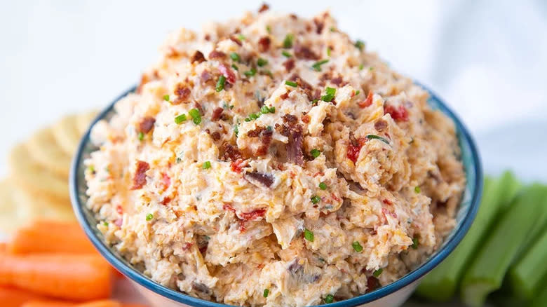 Bowl of pimento cheese with veggies