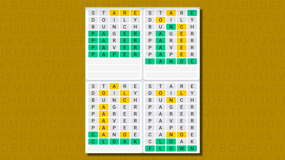 Quordle daily sequence answers for game 649 on a yellow background