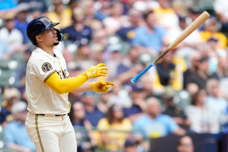 Willy Adames of the Brewers hits a three-run homer in the seventh inning against the Tampa Bay Rays at American Family Field on Wednesday afternoon. Adames also had a solo home run in the sixth inning.