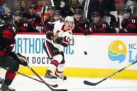 Jan 18, 2019; Raleigh, NC, USA; Ottawa Senators defenseman Thomas Chabot (72) takes a shot against the Carolina Hurricanes at PNC Arena. The Ottawa Senators defeated the Carolina Hurricanes 4-1. Mandatory Credit: James Guillory-USA TODAY Sports