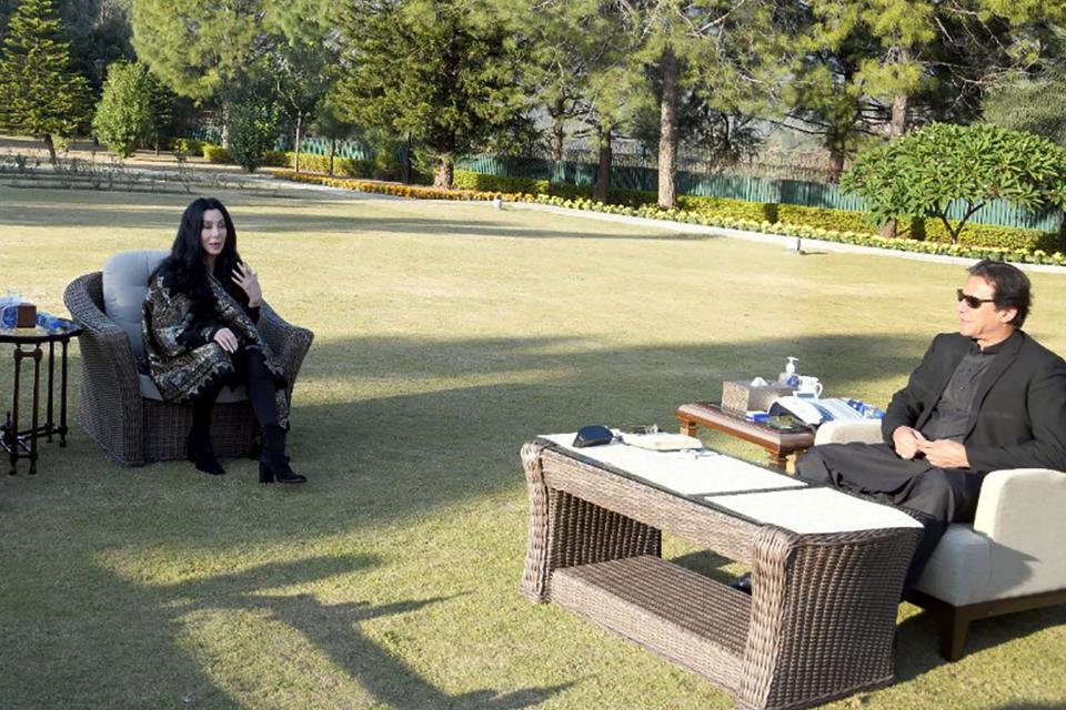 <p>Cher met with Pakistan's Prime Minister Imran Khan (right) during her trip to Islamabad</p>Pakistan's Press Information Dep