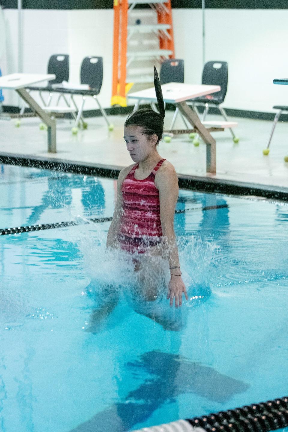 Pueblo Centennial's Novalee Ahyo completes a dive during a dual at Pueblo South on on Tuesday.