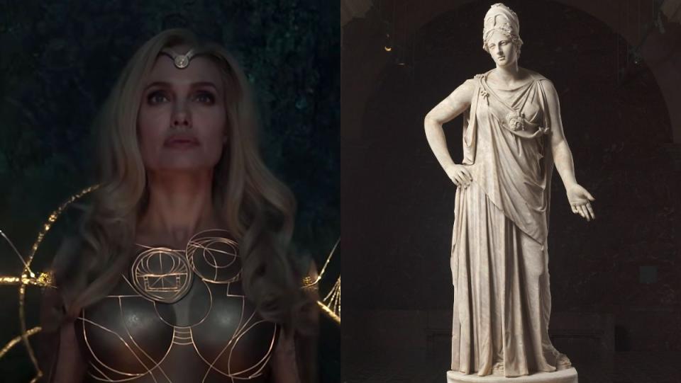 The Eternals' Thena who is based on Athena and a statue of the goddess