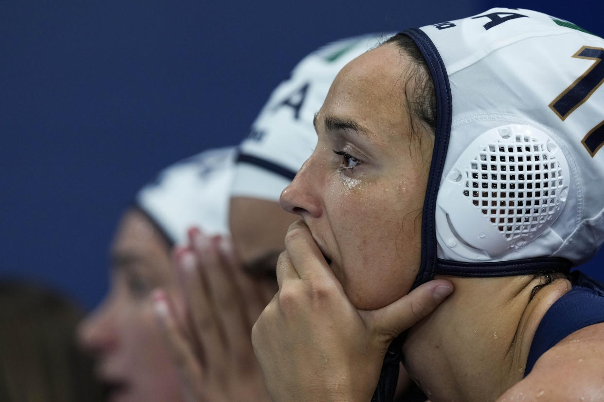 Italy's Agnese Cocchiere watches during a women's preliminary water polo match between Italy and Spain at the Summer Olympics on Sunday. 