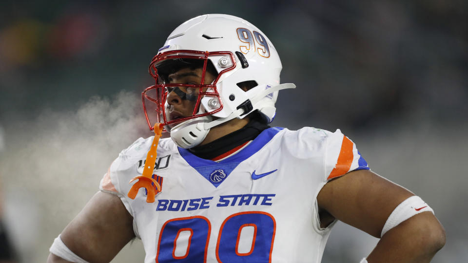 Boise State linebacker Curtis Weaver (99) in the second half of an NCAA college football game Friday, Nov. 29, 2019, in Fort Collins, Colo. Boise State won 31-24. (AP Photo/David Zalubowski)