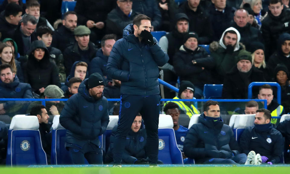 Chelsea manager Frank Lampard reacts during the Premier League match at Stamford Bridge, London. (Photo by Adam Davy/PA Images via Getty Images)