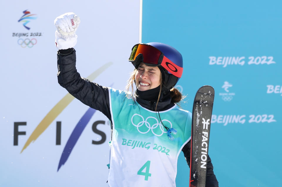 Eileen Gu, pictured here after her final jump before winning gold in the Big Air final at the Winter Olympics.