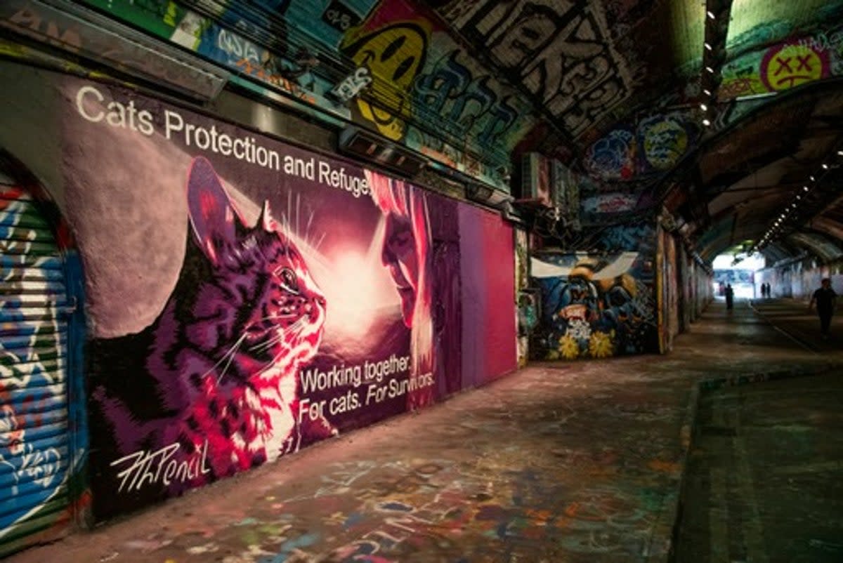  (Cats Protection and Refuge at Leake Street Arches in London working to raise awareness of the vital services they provide for those seeking safety from domestic abuse and their cats. Mural created by 7th Pencil.)