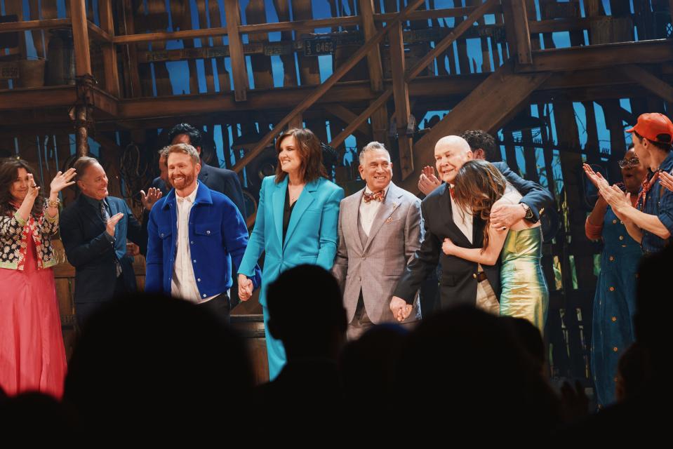 From left, Shane McAnally, Brandy Clark, Robert Horn and Jack O'Brien take a bow at the end of a performance of 'Shucked.'