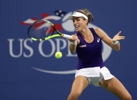 Aug 29, 2016; New York, NY, USA; Johanna Konta of Great Britain hits a shot to Bethanie Mattek-Sands of the United States on day one of the 2016 U.S. Open tennis tournament at USTA Billie Jean King National Tennis Center. Jerry Lai-USA TODAY Sports