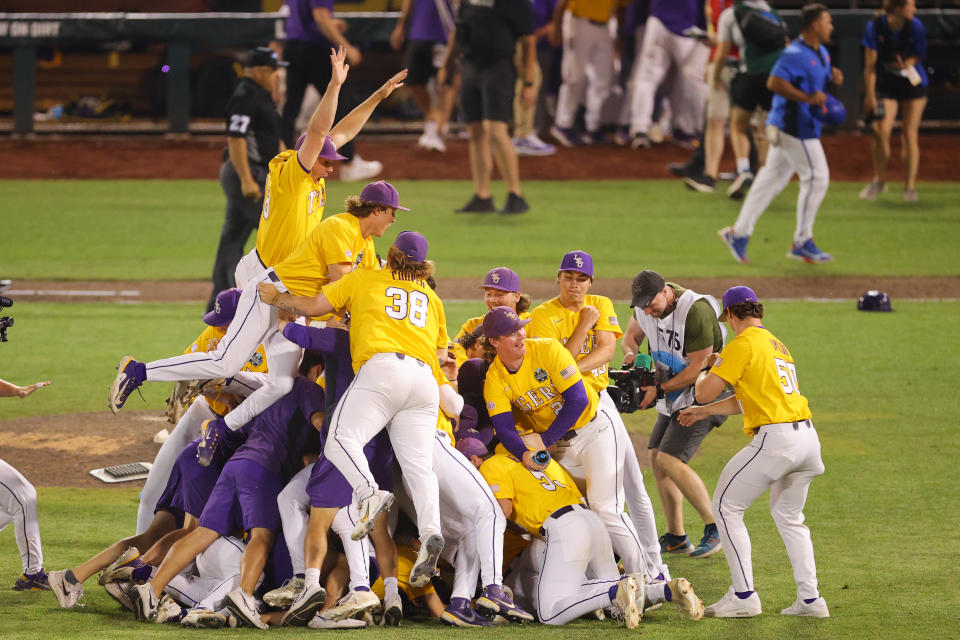 The LSU Tigers baseball team celebrates after winning the 2023 NCAA College World Series finals against the Florida Gators on June 26 in Omaha, Nebraska. (Photo by C. Morgan Engel/NCAA Photos via Getty Images)