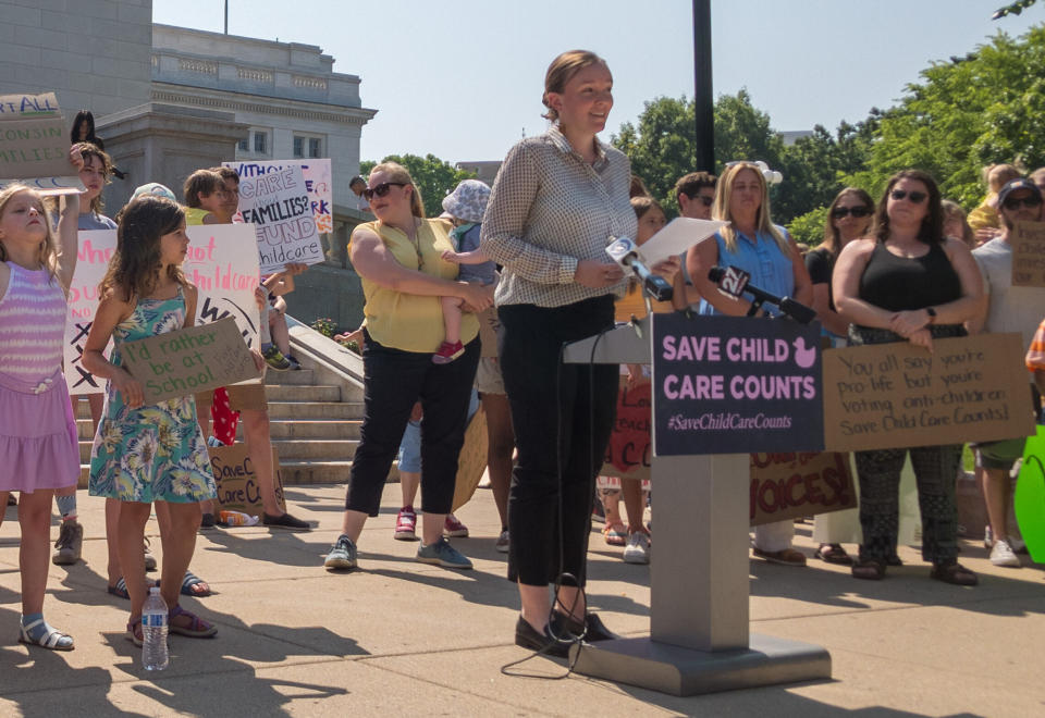 Assembly Minority Leader Greta Neubauer (D-Racine) addresses a rally of child care providers in front of the state Capitol on Tuesday. (Christina Lieffring | for the Wisconsin Examiner)