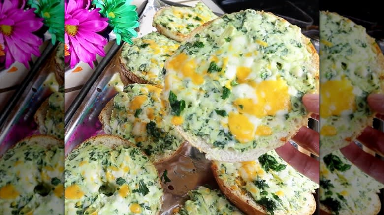 Spinach artichoke dip on bagels