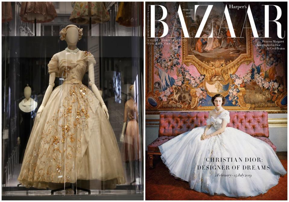 <p>El espectacular vestido con el que la princesa Margarita celebró su 21 cumpleaños es la joya de la corona de la exposición ‘Christian Dior: Designer of Dreams’ sobre el creador francés y su firma de moda, que se puede visitar en Londres. Para celebrar la apertura de la muestra, la revista ‘Harper’s Bazaar’, en su edición británica, ha hecho una portada especial este mes de febrero con la hermana de Isabel II luciendo ese icónico diseño en una fotografía tomada por Cecil Beaton en 1951. (Foto: Alastair Grant / AP / <a rel="nofollow noopener" href="http://www.harpersbazaar.com/uk/" target="_blank" data-ylk="slk:Harper’s Bazaar UK;elm:context_link;itc:0;sec:content-canvas" class="link ">Harper’s Bazaar UK</a>). </p>