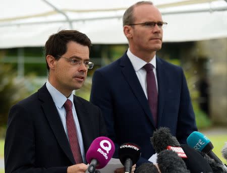 Northern Ireland Secretary, James Brokenshire (L) and Ireland's Minister of Foreign Affairs and Trade, Simon Coveney speak to the media at Stormont Castle in Belfast, Northern Ireland June 29, 2017. REUTERS/Clodagh Kilcoyne