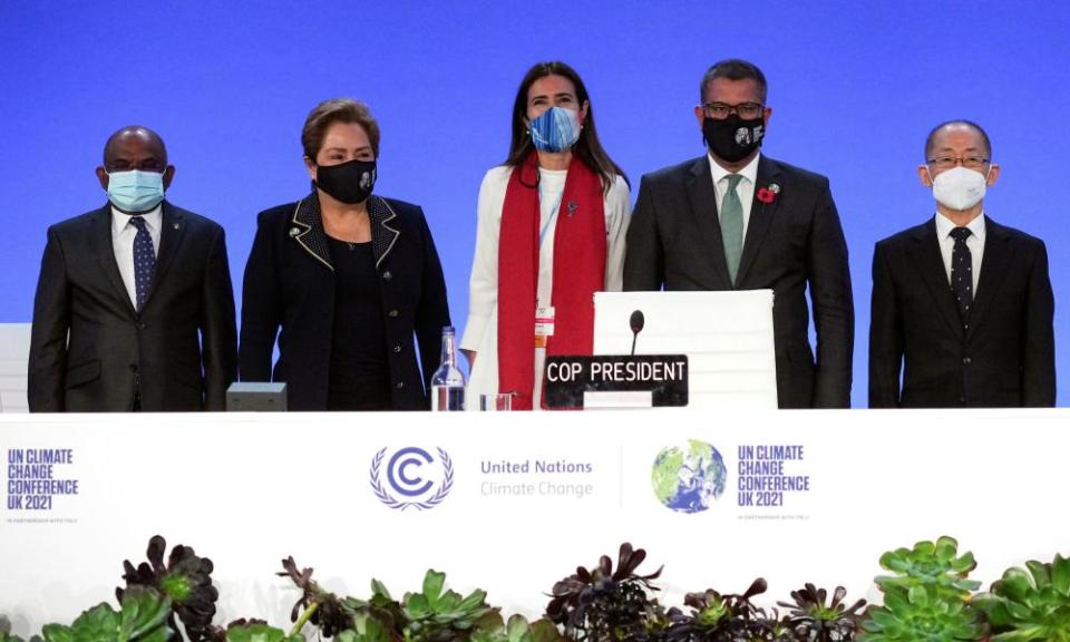 (From left) Abdulla Shahid, president of the United Nations general assembly, Patricia Espinosa, executive secretary of the United Nations Framework Convention on Climate Change, Carolina Schmidt, minister of the environment for Chile, Alok Sharma, president for Cop26, and Hoesung Lee, chairperson of the Intergovernmental Panel on Climate Change during the opening ceremony at SEC in Glasgow.