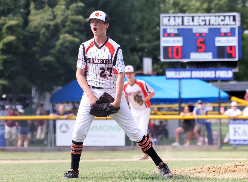 Middleboro 12U Nationals Jacob Landers celebrates a strikeout during a game versus Wellesley at Dunn Little League Complex at Hollingsworth Park in Braintree on Sunday, July 31, 2022.