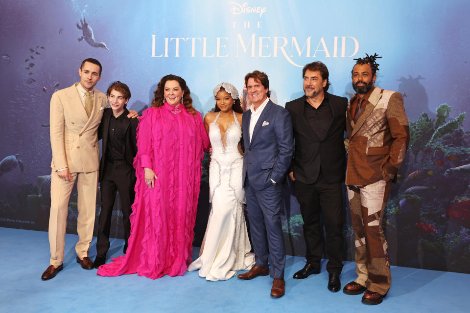 LONDON, ENGLAND - MAY 15: (L to R) Jonah Hauer-King, Jacob Tremblay, Melissa McCarthy, Halle Bailey, Rob Marshall, Javier Bardem and Daveed Diggs attend the UK Premiere of 