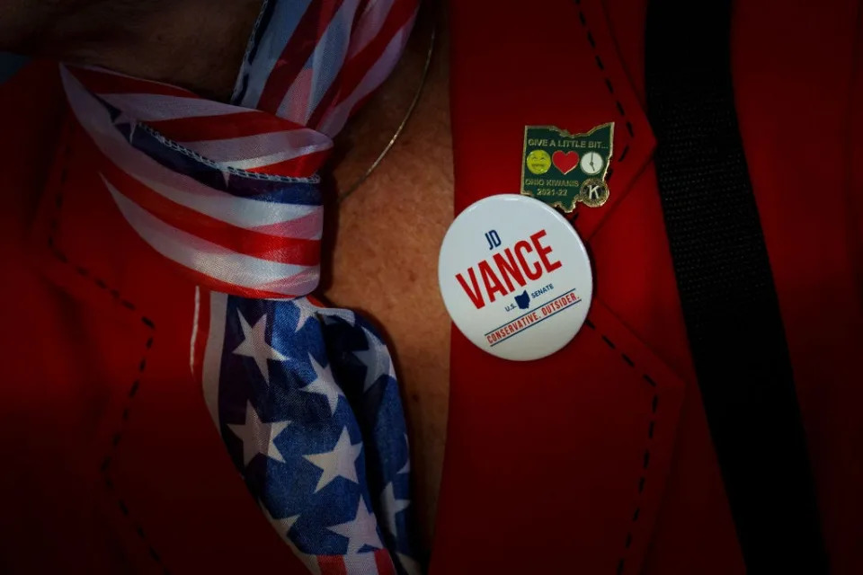 A pin supporting Vance's senate run.