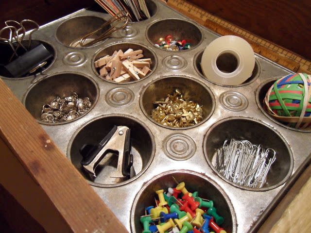 Make a muffin tin work as an organizer.