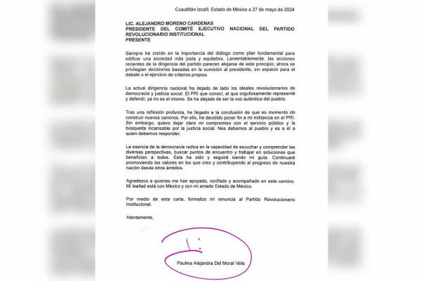 Carta de renuncia al PRI de Alejandra del Moral