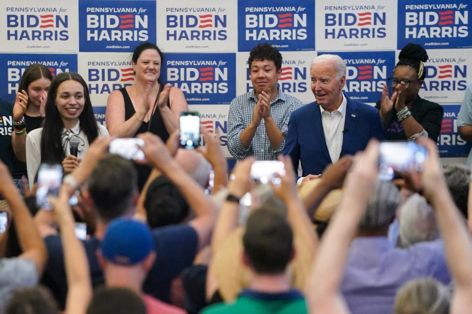 Biden arrives to deliver remarks at the Roxborough Democratic Coordinated Campaign Office during a campaign stop in Philadelphia (Reuters)