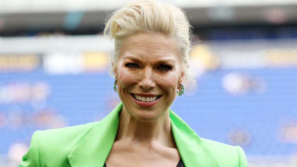 Actor Hannah Waddingham smiles as she stands on the pitch before the match between the NJ/NY Gotham FC and the Angel City FC at Red Bull Arena on July 02, 2023 in Harrison, New Jersey