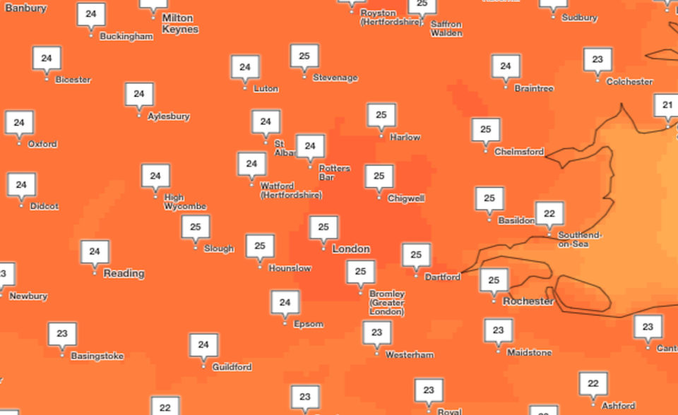 Temperatures will peak at around 25c in parts of the south-east on Monday, with London and surrounding areas getting the warmest spells at around 4pm. (Met Office)