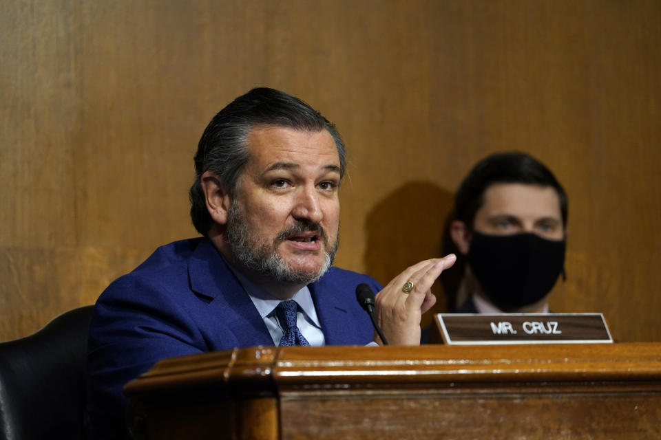 Sen. Ted Cruz, R-Texas, speaks during a Senate Judiciary Committee hearing on Capitol Hill in Washington on Nov. 10, 2020. (Susan Walsh/Pool via AP)